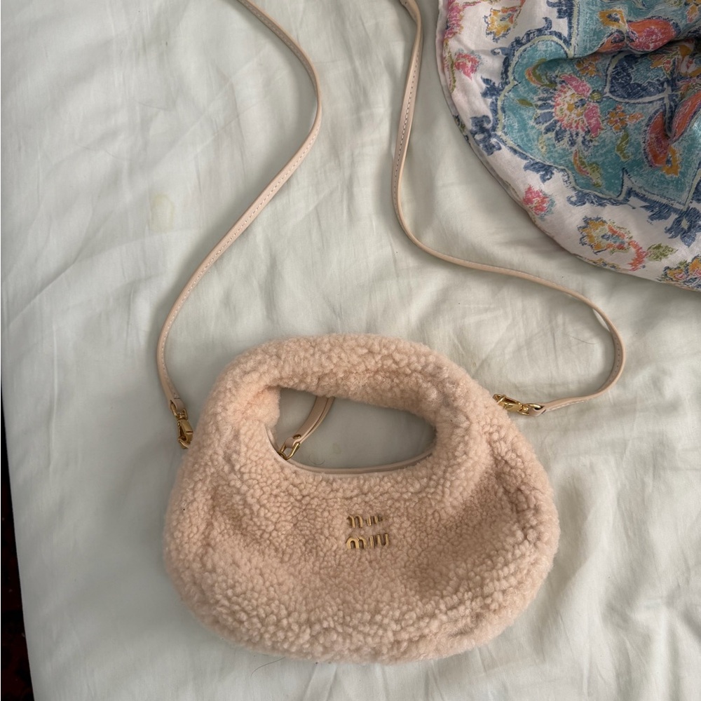 Miu Miu Blush Shearling Crossbody Bag with Gold Hardware